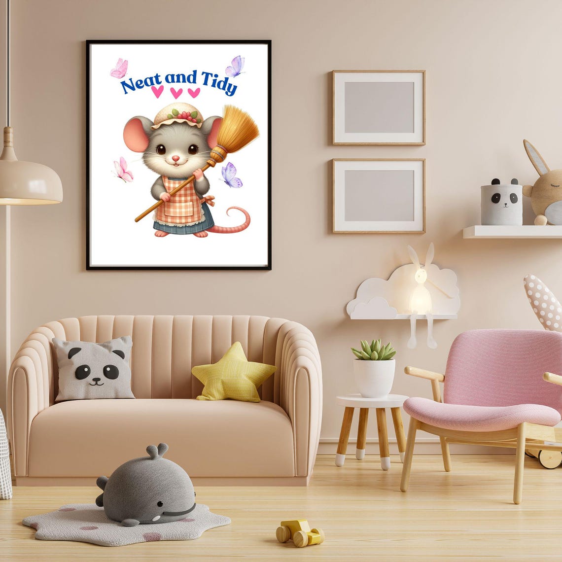 Neat and Tidy Mouse in Apron Holding a Broom With Butterflies Poster - Image 2