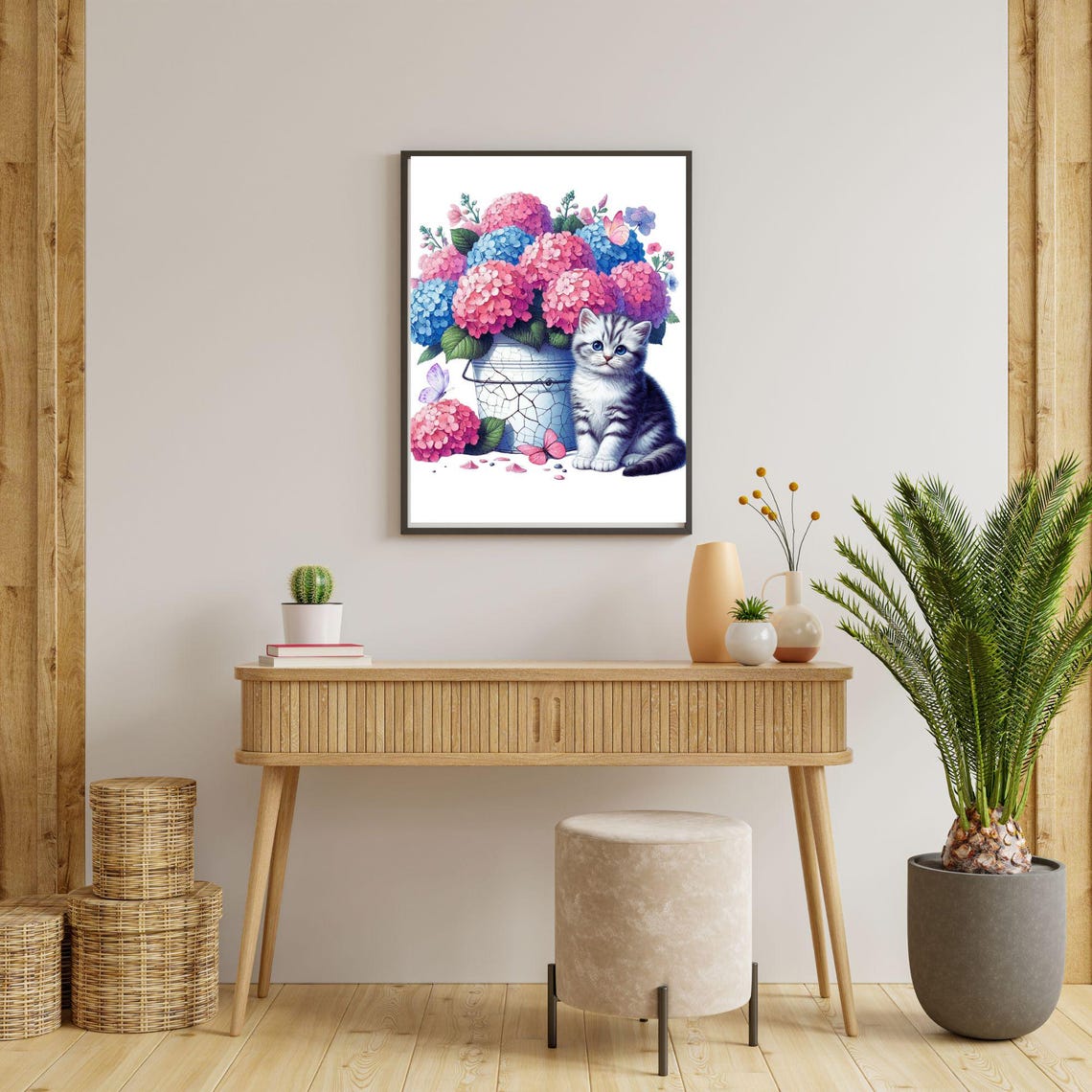 Kitten Beside Bucket of Pink and Blue Hydrangeas Floral Poster - Image 4