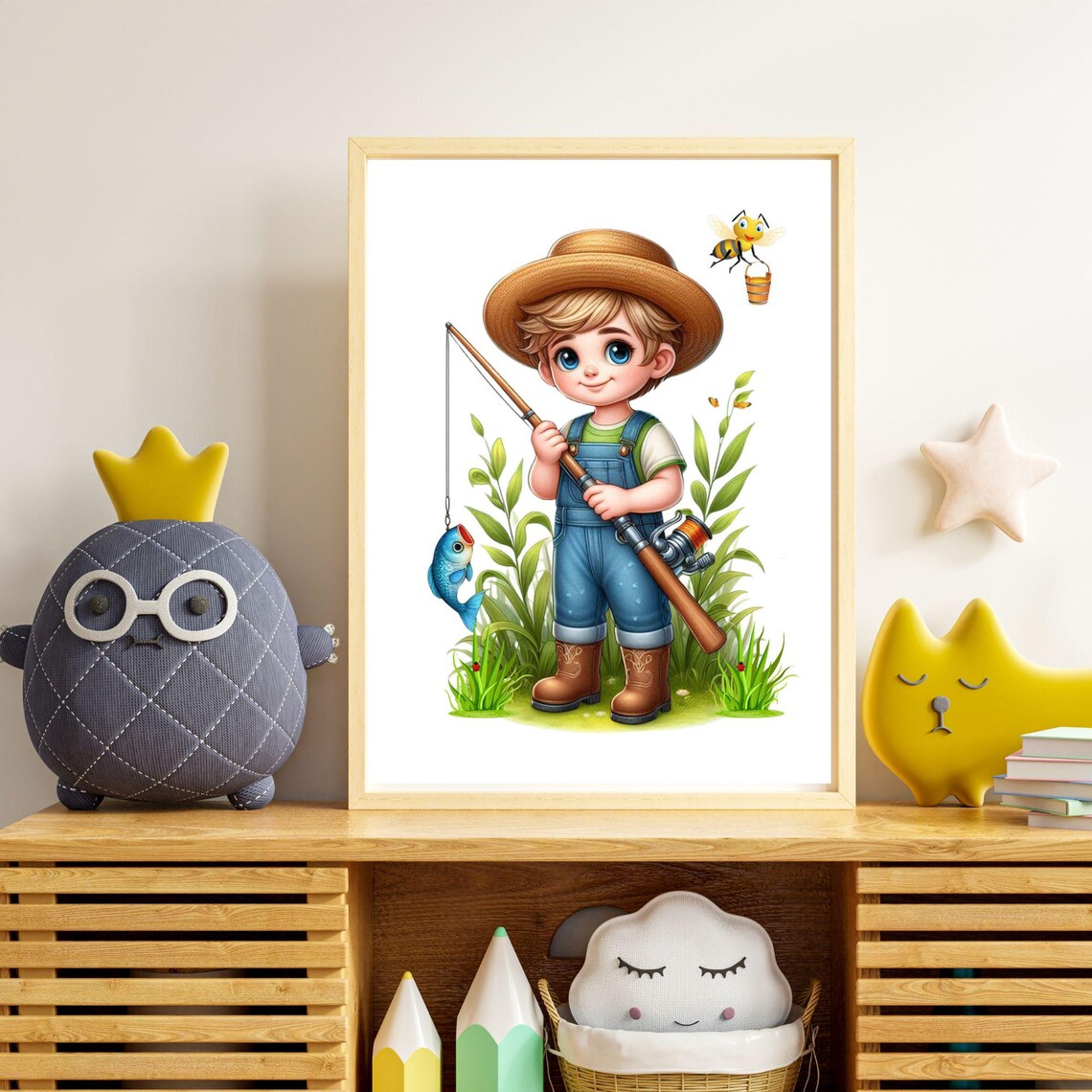 Little Boy Fisherman With Rod and Caught Fish Kids Room Poster