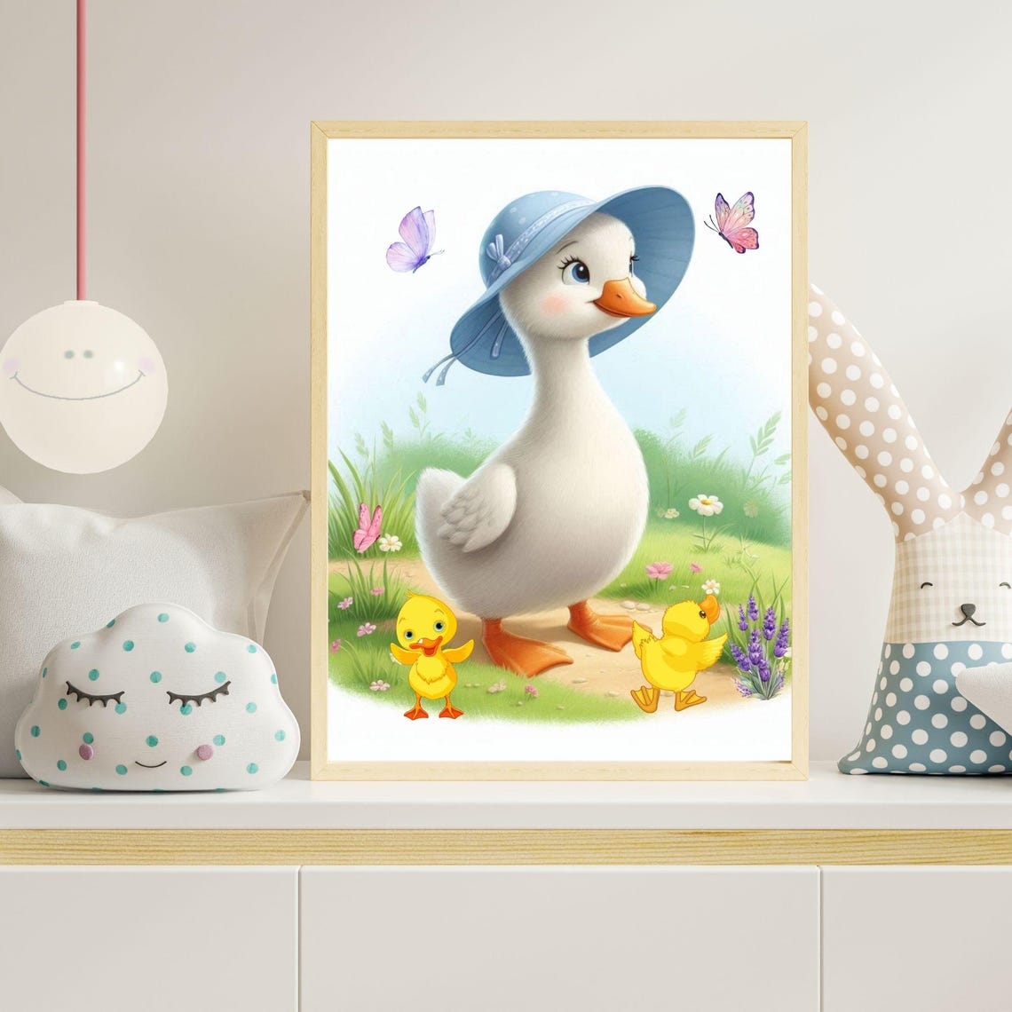 Mother Duck in a Blue Sun Hat With Two Ducklings Spring Poster