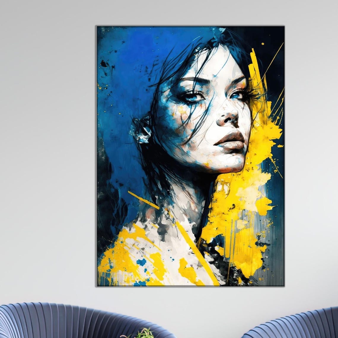 Blue Yellow Abstract Woman Portrait Modern Expressionist Canvas Art