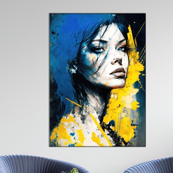 Blue And Yellow Expressionist Woman Portrait Modern Abstract Print