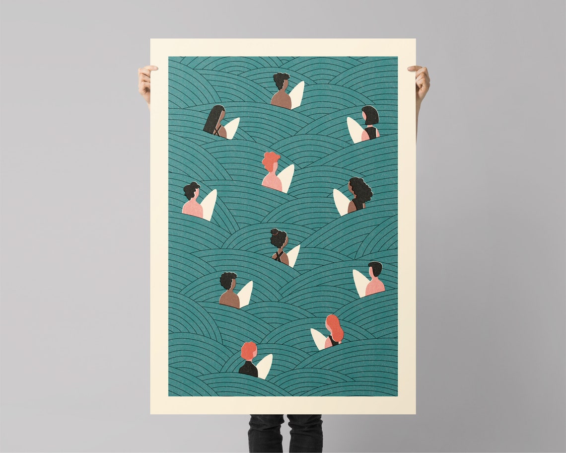 Waiting For The Wave Surfers Teal Ocean Surfboard Art Poster - Image 3