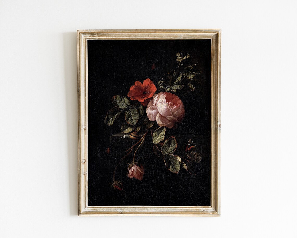 Vintage Rose Painting, Moody Floral Still Life Art Print