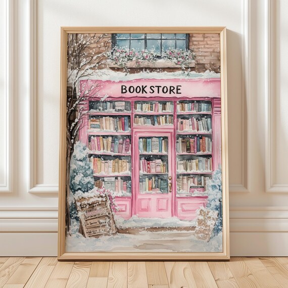 Snowy Pink Bookstore Cozy Winter Decor Art Print