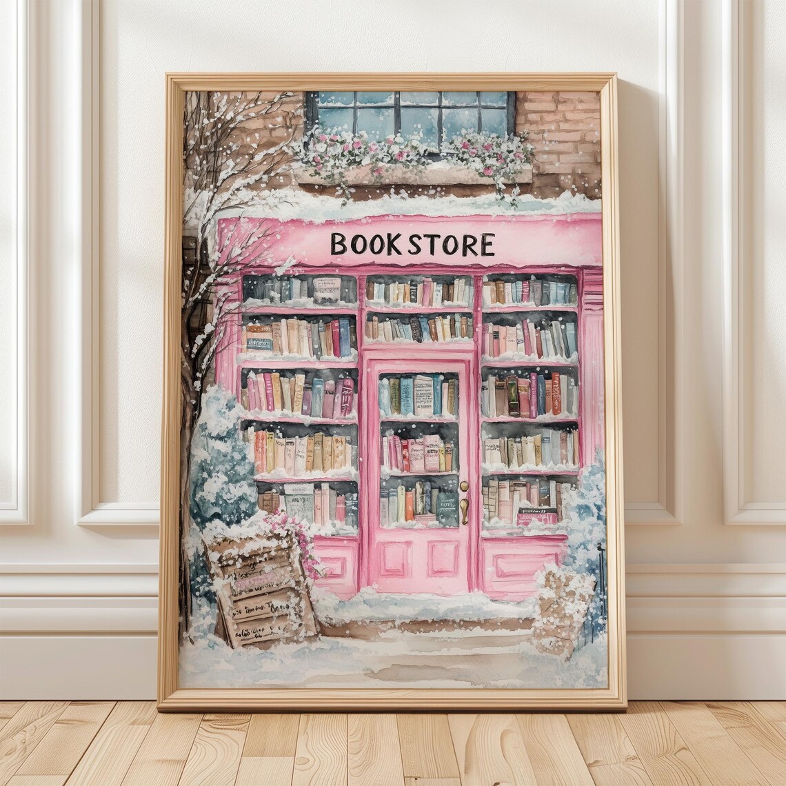 Snowy Pink Bookstore Cozy Winter Decor Art Print