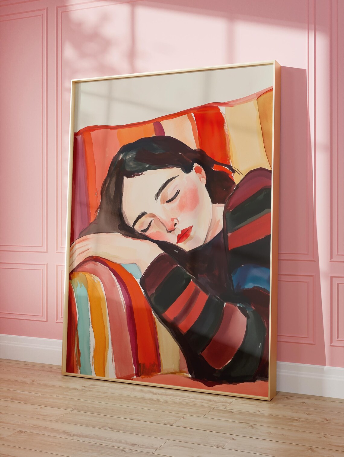 Sleeping Woman On Striped Chair, Modern Abstract Illustration - Image 3