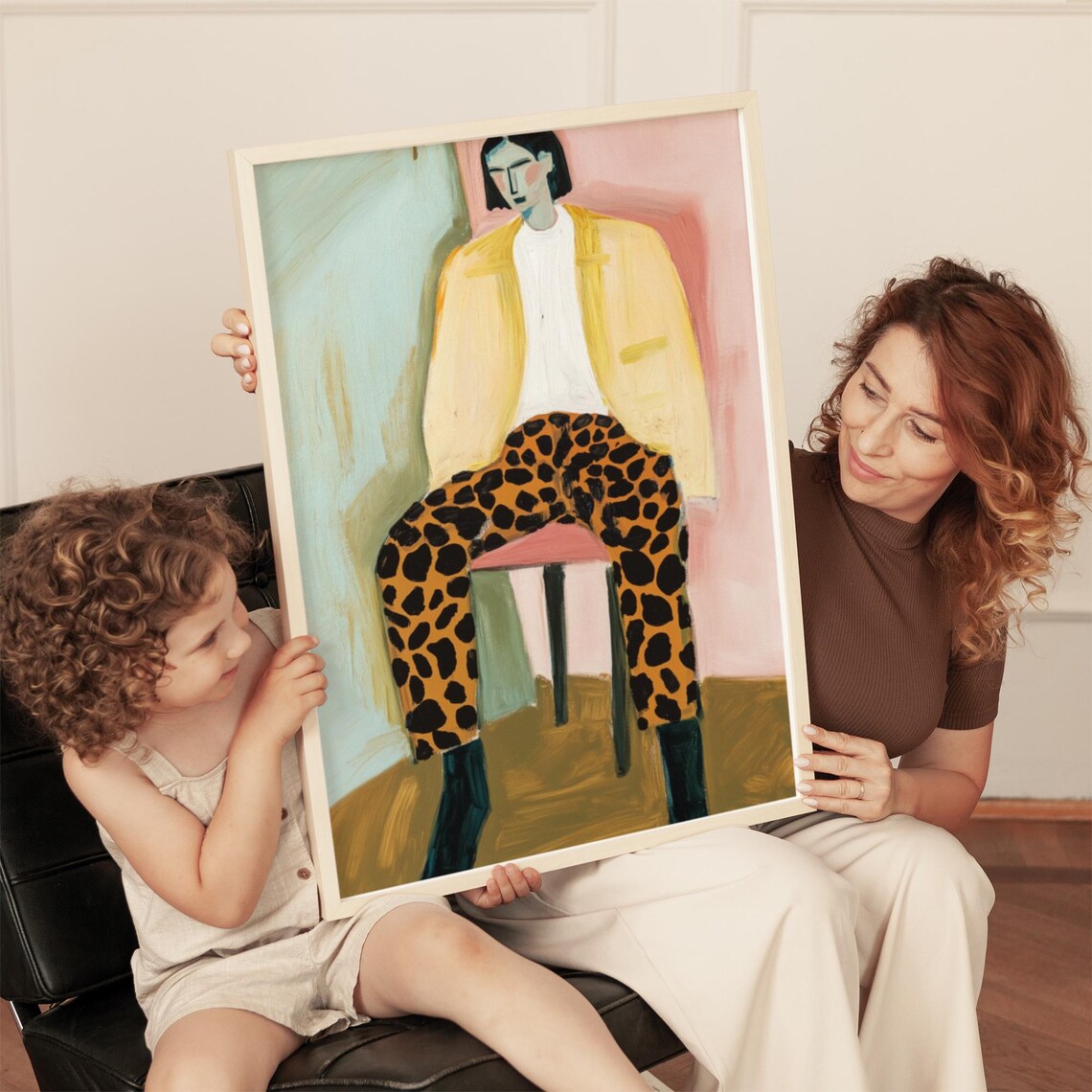 Seated Woman in Leopard Pants Yellow Jacket Fashion Art Poster - Image 3