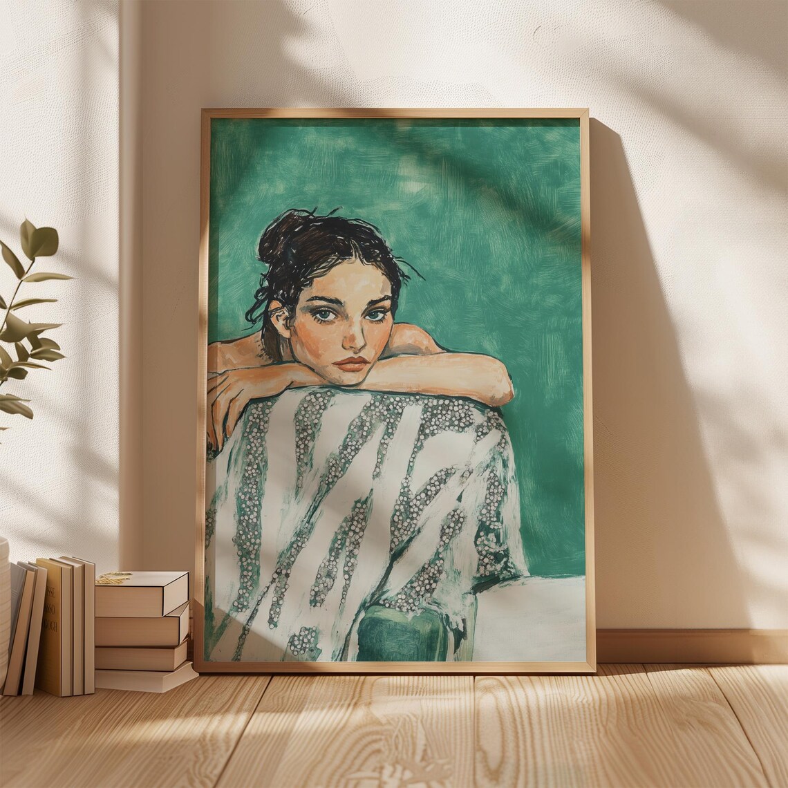 Contemplative Woman Portrait Green And Glitter Modern Art Poster - Image 5