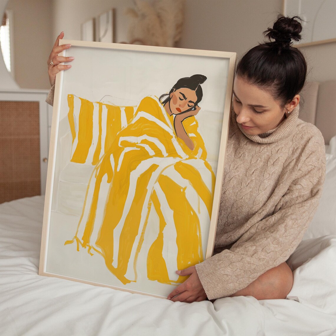 Woman Resting in a Golden Yellow Striped Blanket Minimalist Wall Art - Image 3