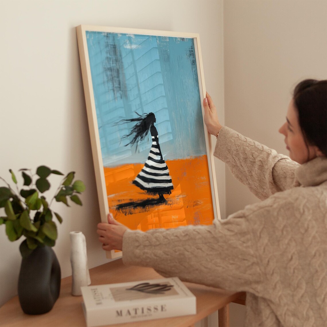 Silhouette Woman in Striped Dress Blue Sky Orange Ground Poster - Image 2