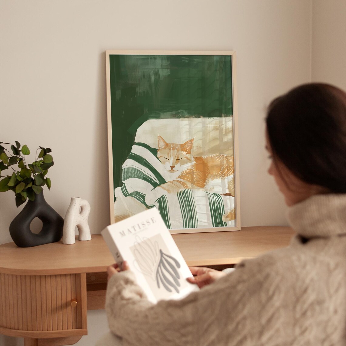 Orange Tabby Cat Sleeping On Striped Pillow Green Art Poster - Image 5