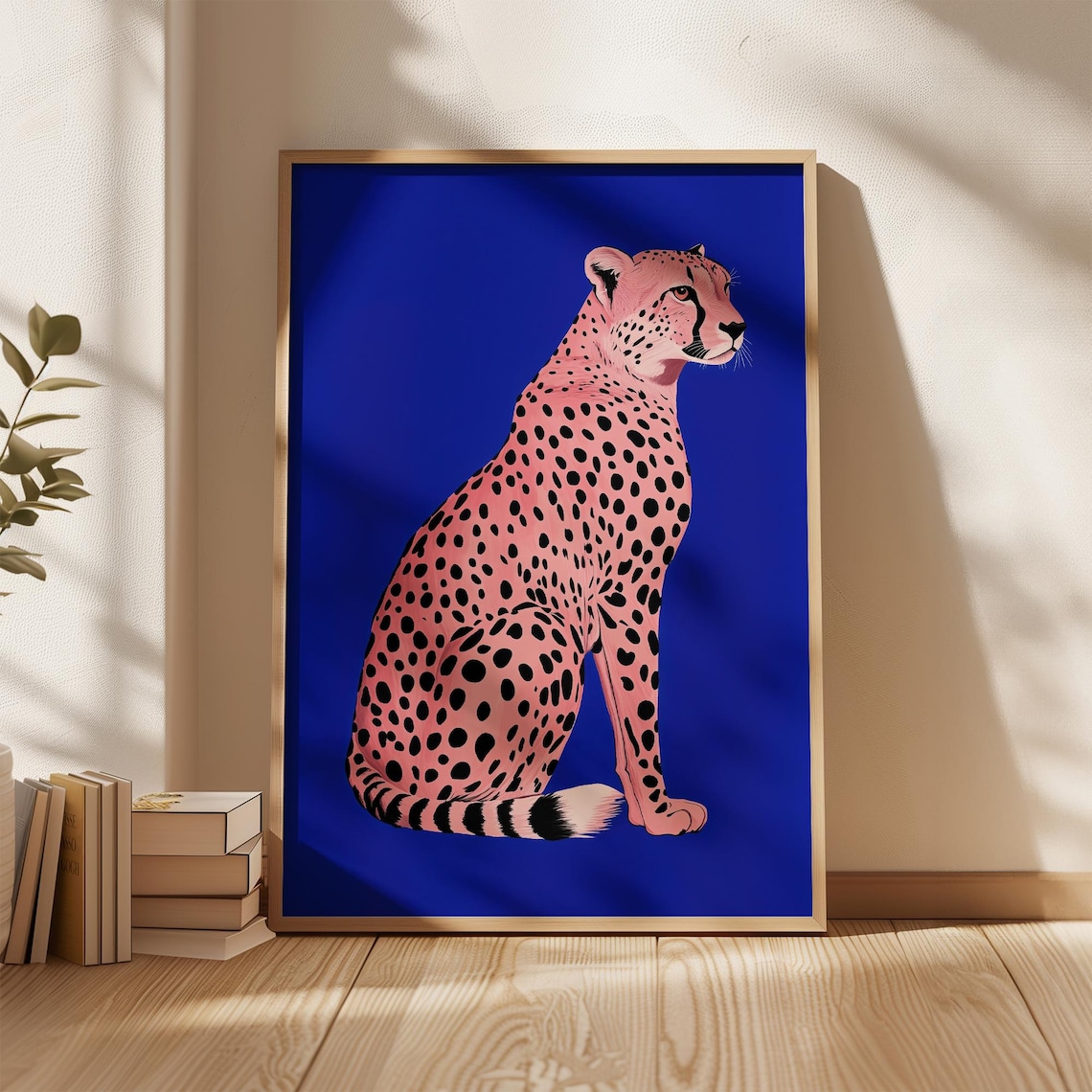 Sitting Pink Cheetah on Royal Blue Maximalist Preppy Art Poster - Image 4