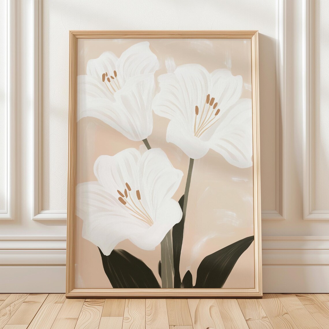 White Lily Flowers Beige Minimalist Botanical Floral Poster Decor