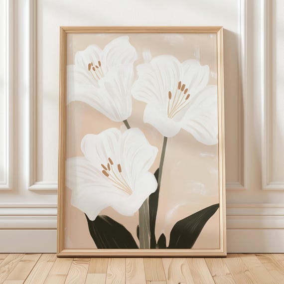 Neutral Floral Wall Art White Lily Botanical Print Minimalist Flower Illustration Modern Beige Decor Contemporary Poster