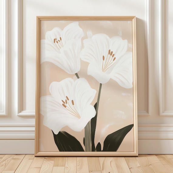 White Lily Flowers Beige Minimalist Botanical Floral Poster Decor