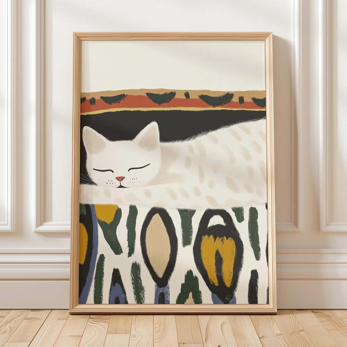 Minimalist Sleeping White Cat Patterned Wall Modern Art Poster - Image 4