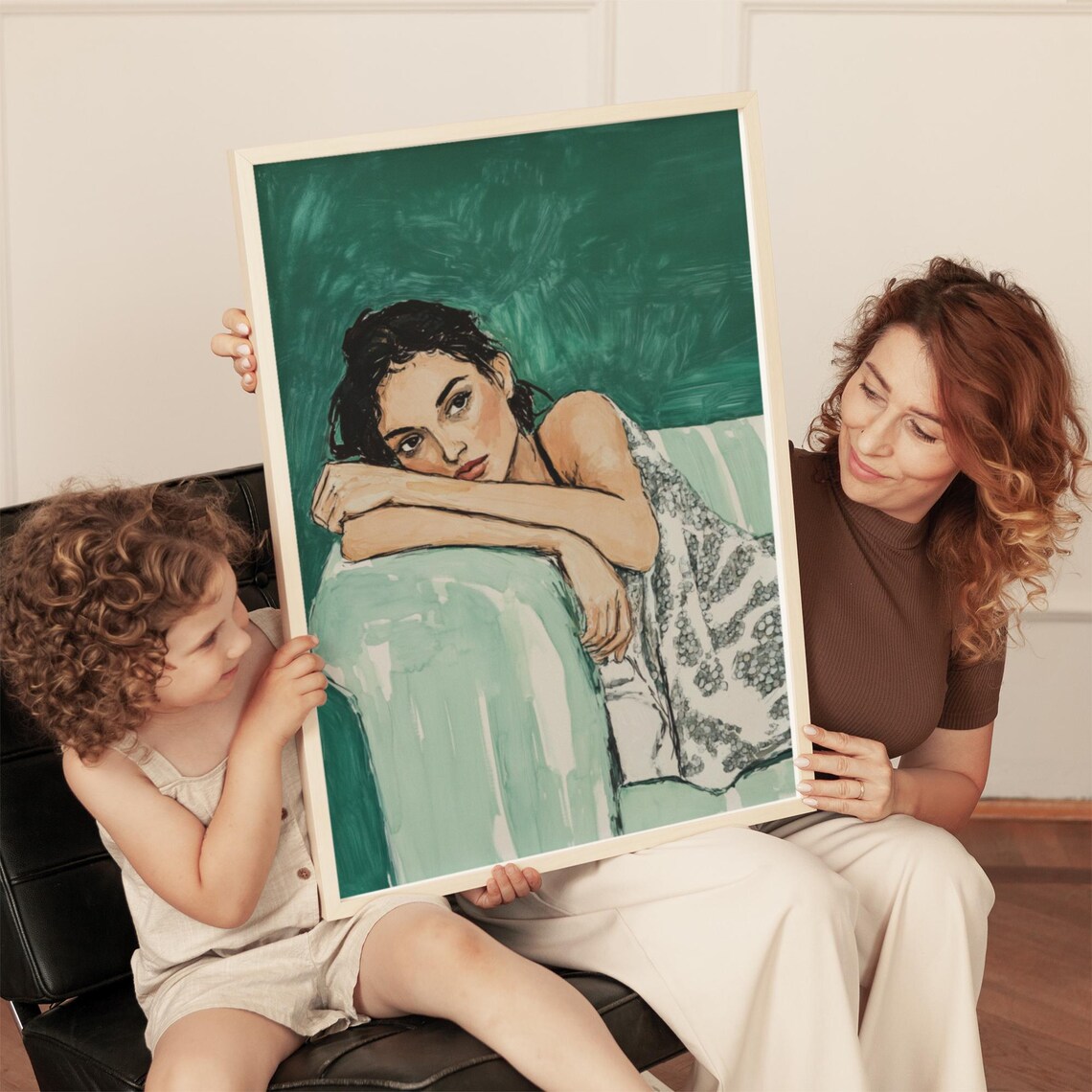 Resting Woman Portrait on Teal Green Modern Feminine Wall Poster - Image 2