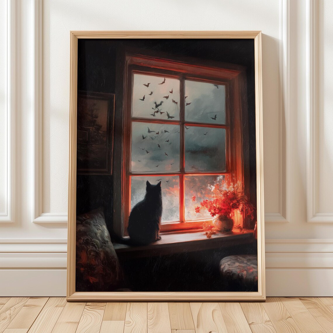 Black Cat Watching Bats From Window, Vintage Poster