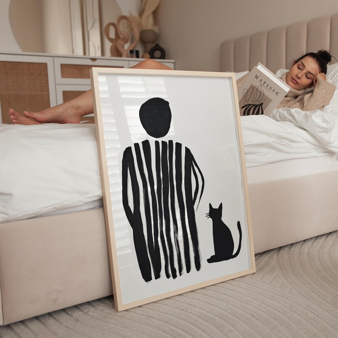 Woman and Small Cat Silhouette Minimalist Stripes Art Poster - Image 5