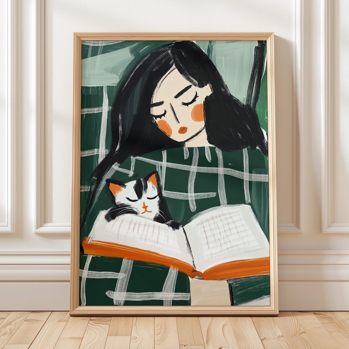 Woman Reading with Calico Cat Cozy Book Lover Illustration Poster - Image 4