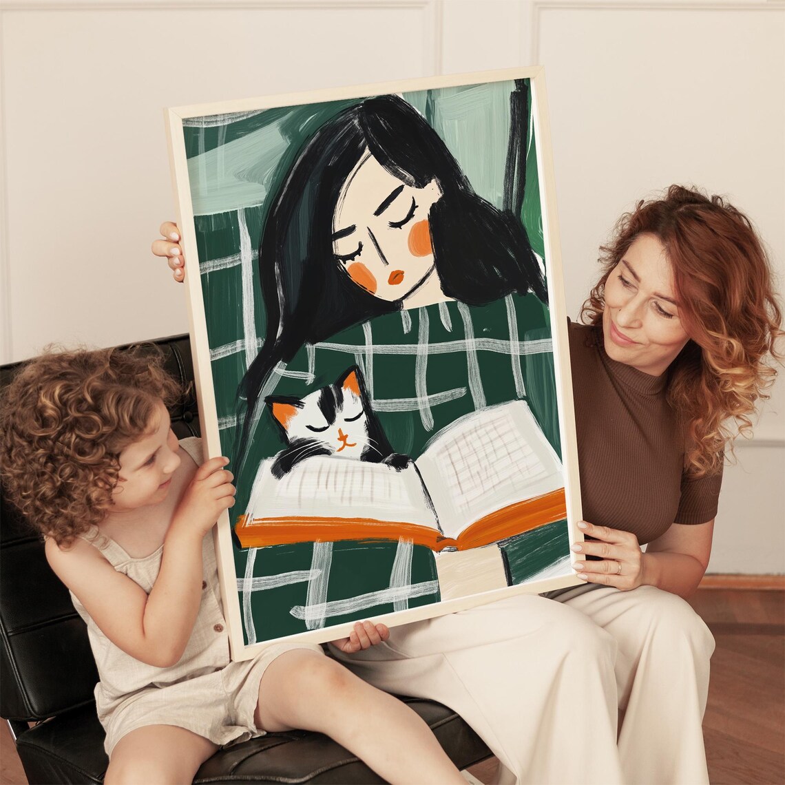 Woman Reading with Calico Cat Cozy Book Lover Illustration Poster - Image 2