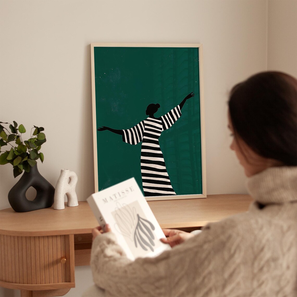 Woman with Arms Raised Striped Dress Emerald Green Silhouette Poster - Image 3