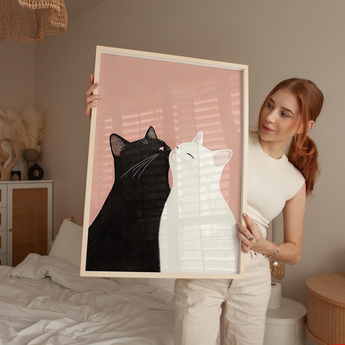 Black and White Cat Couple Nuzzling on Soft Pink Romantic Poster - Image 4