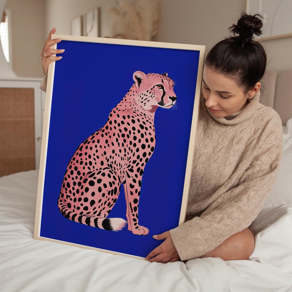 Cheetah Wall Art Print Blue Luxury Leopard Wall Art Preppy Wall Art Wild Animal Art Maximalist Wall Art - Image 3