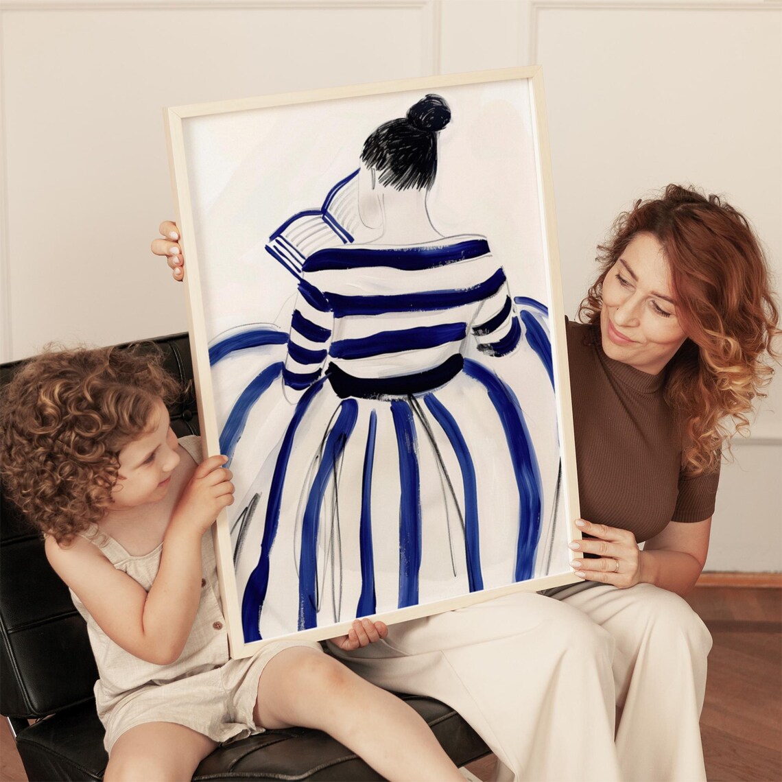 Woman Reading in Blue Striped Dress Back View Fashion Art Poster - Image 3