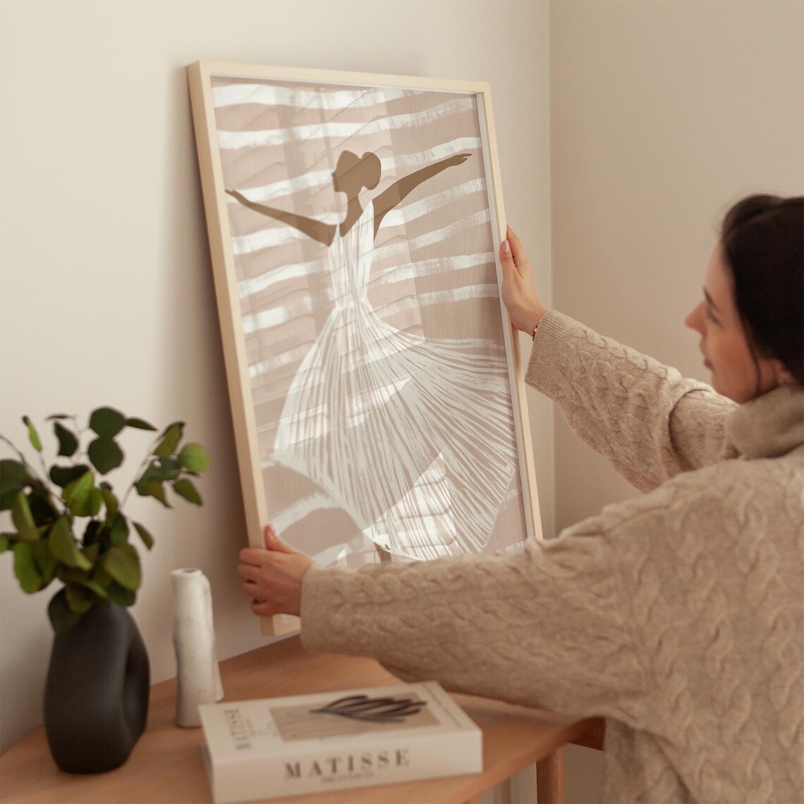 Graceful Beige Ballet Dancer Silhouette Twirling Dress Poster - Image 2