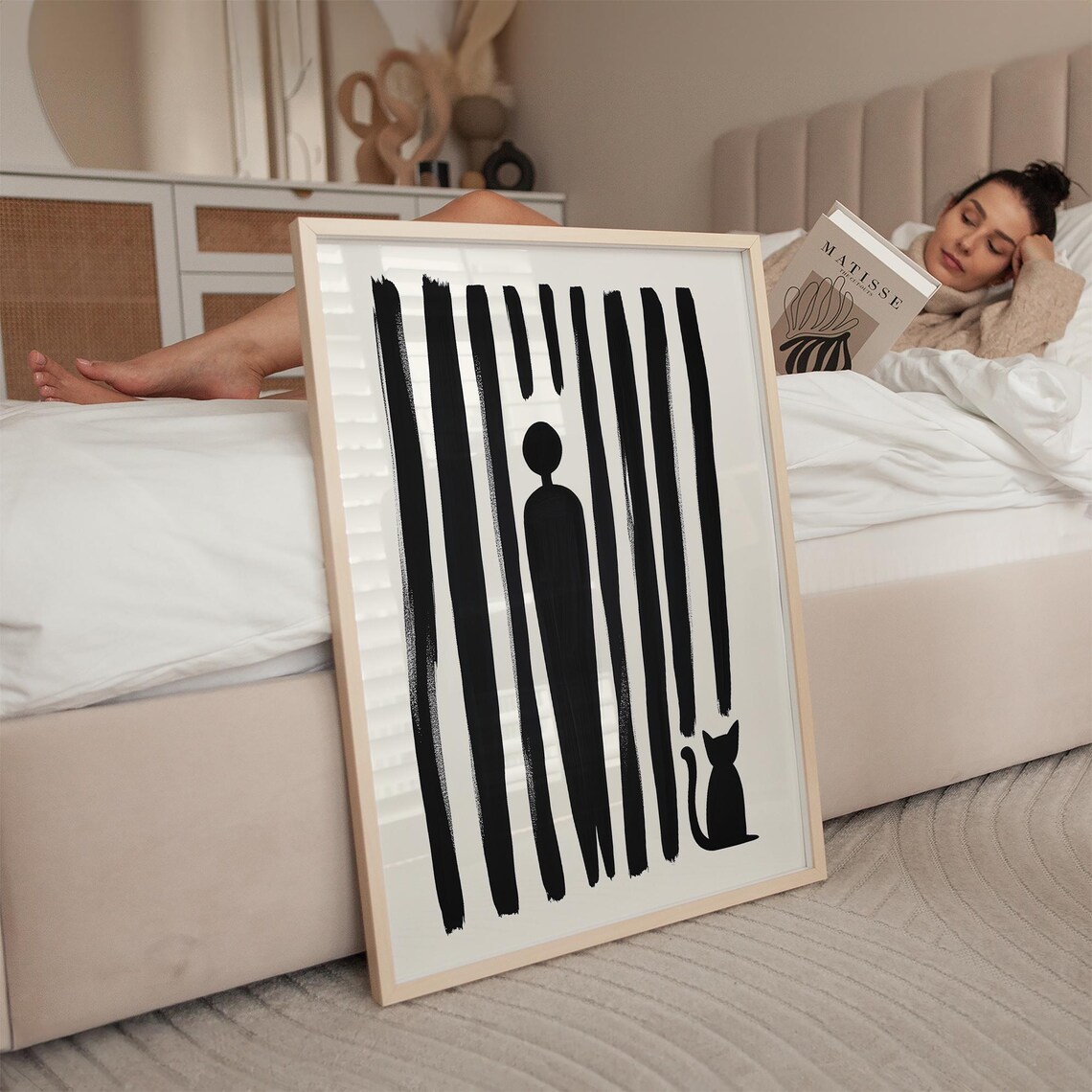 Tall Striped Figure Standing With Small Black Cat Art Poster - Image 2