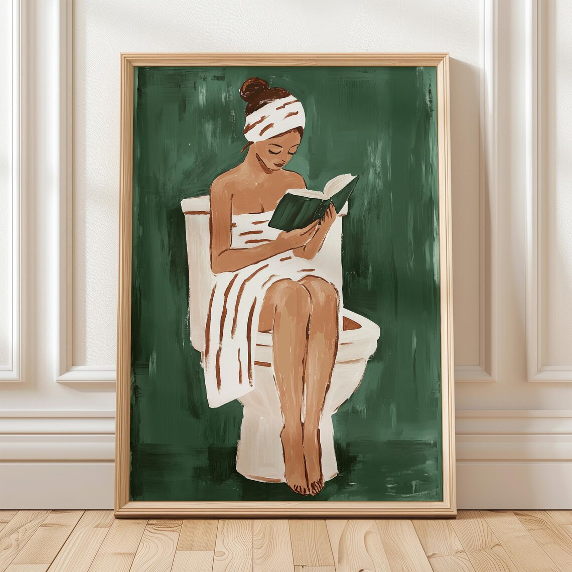 Woman With Towel Turban Reading On Toilet Emerald Wall Poster - Image 3