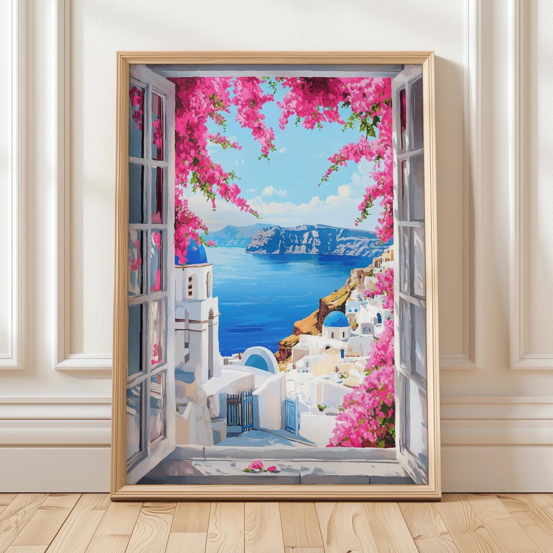 Santorini Window View Travel Poster, Mediterranean Coast