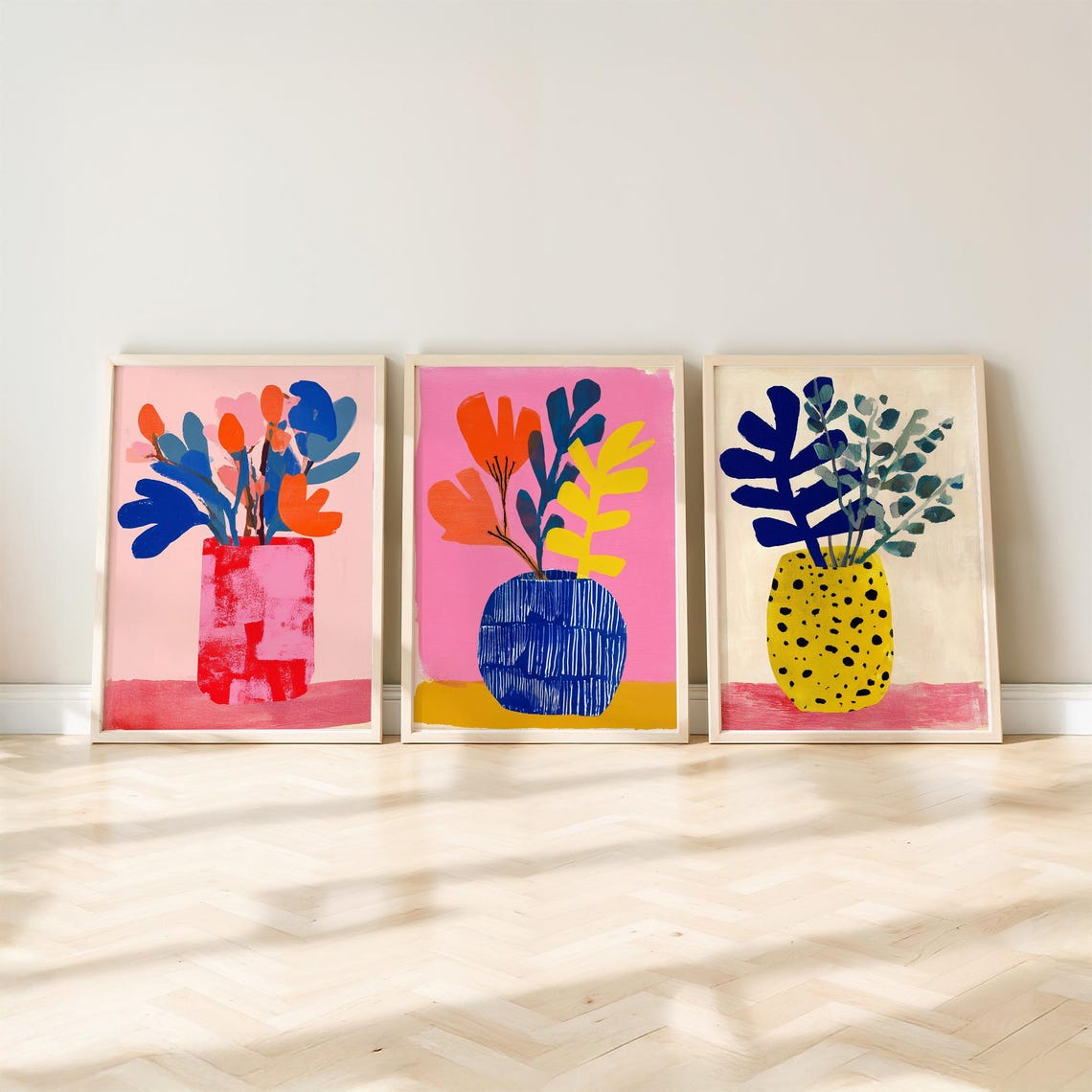 Colorful Abstract Flower Vases Trio Set Modern Bold Floral Art Poster