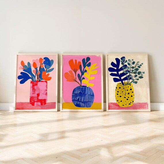 Colorful Abstract Flower Vases Trio Set Modern Bold Floral Art Poster