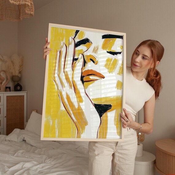 Expressive Abstract Woman Portrait Red Lips Yellow Modern Art Poster