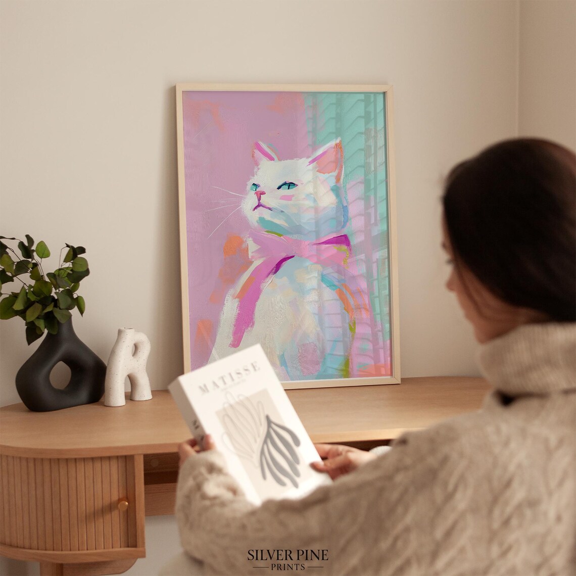 Charming White Cat Portrait With Pastel Pink Bow Pet Wall Art - Image 3