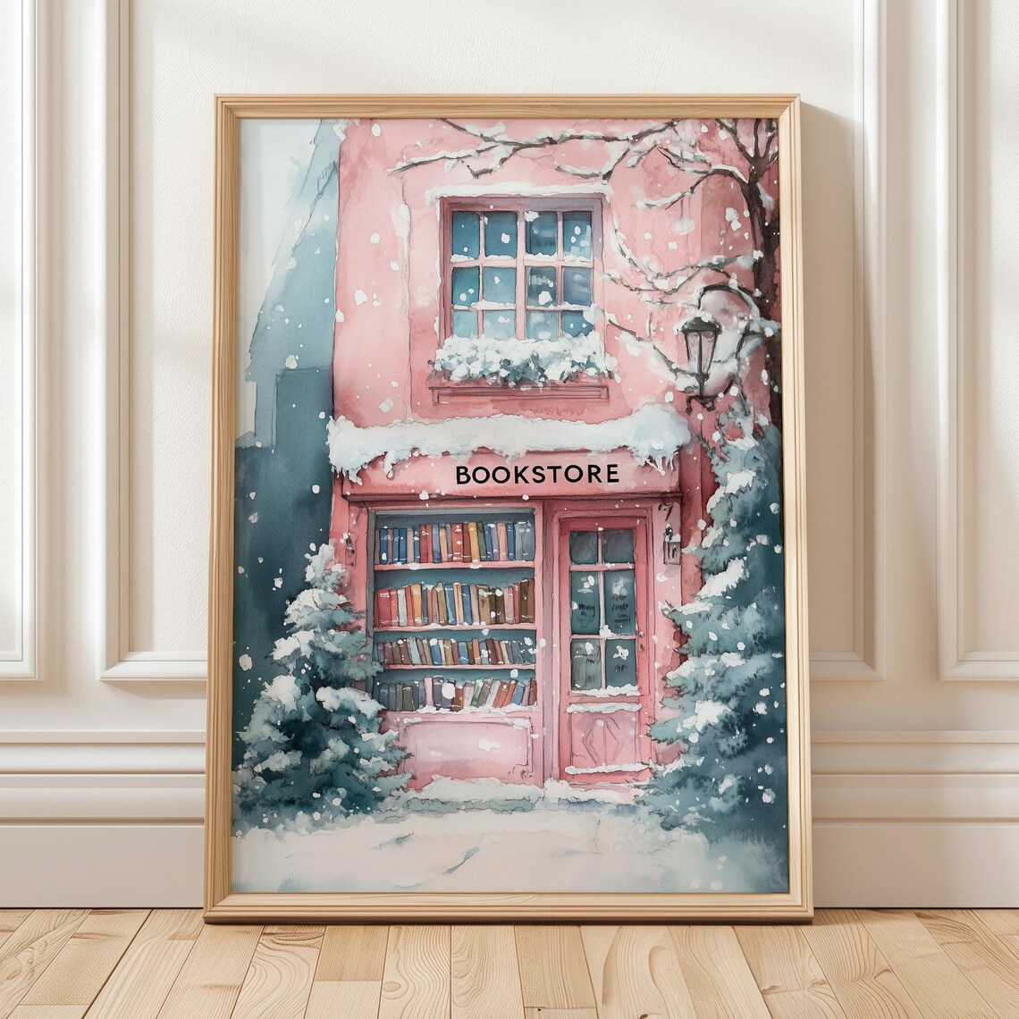 Snowy Pink Bookstore, Winter Bookshop Christmas Decor