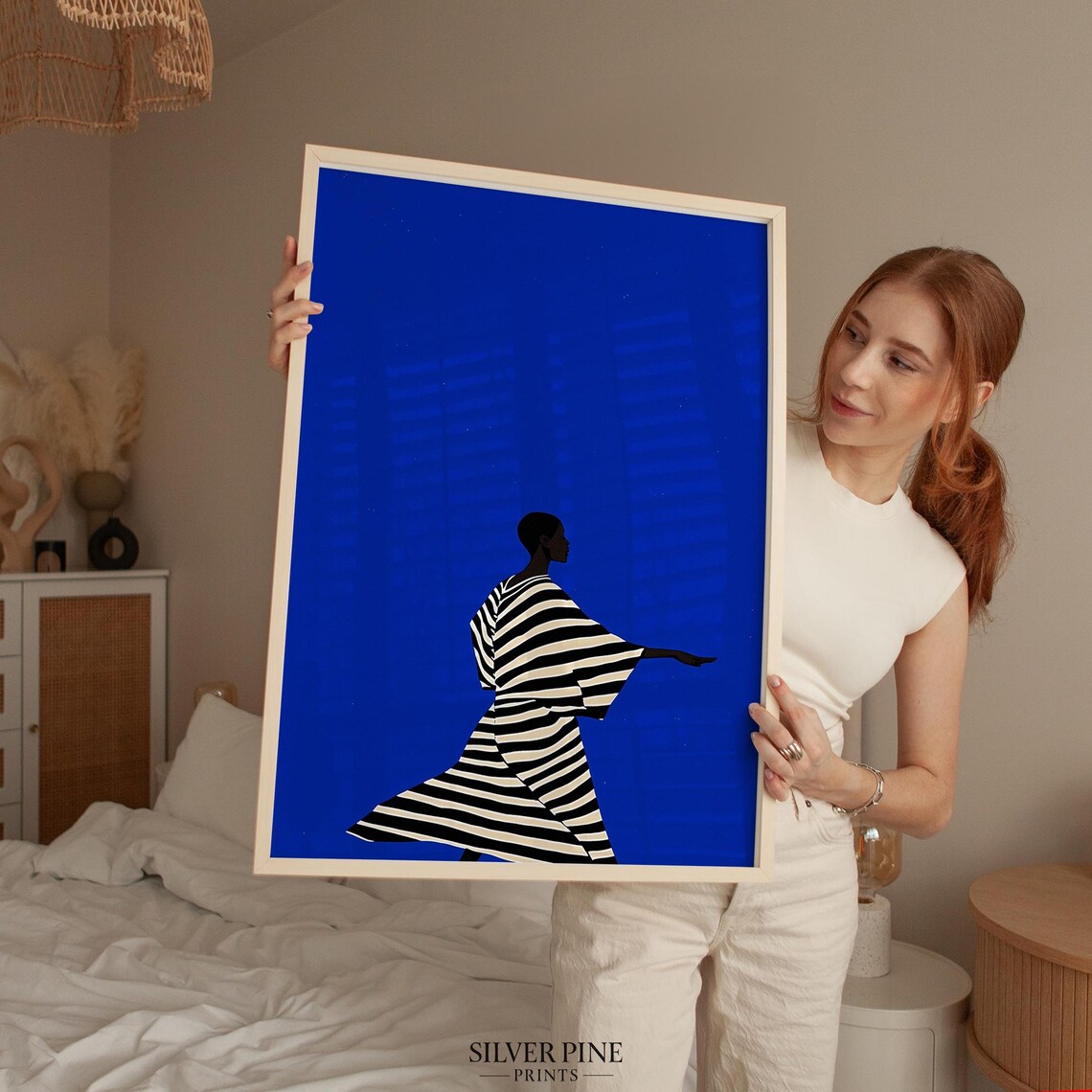 Striped Dress Silhouette Woman on Cobalt Blue Minimalist Art Poster - Image 3