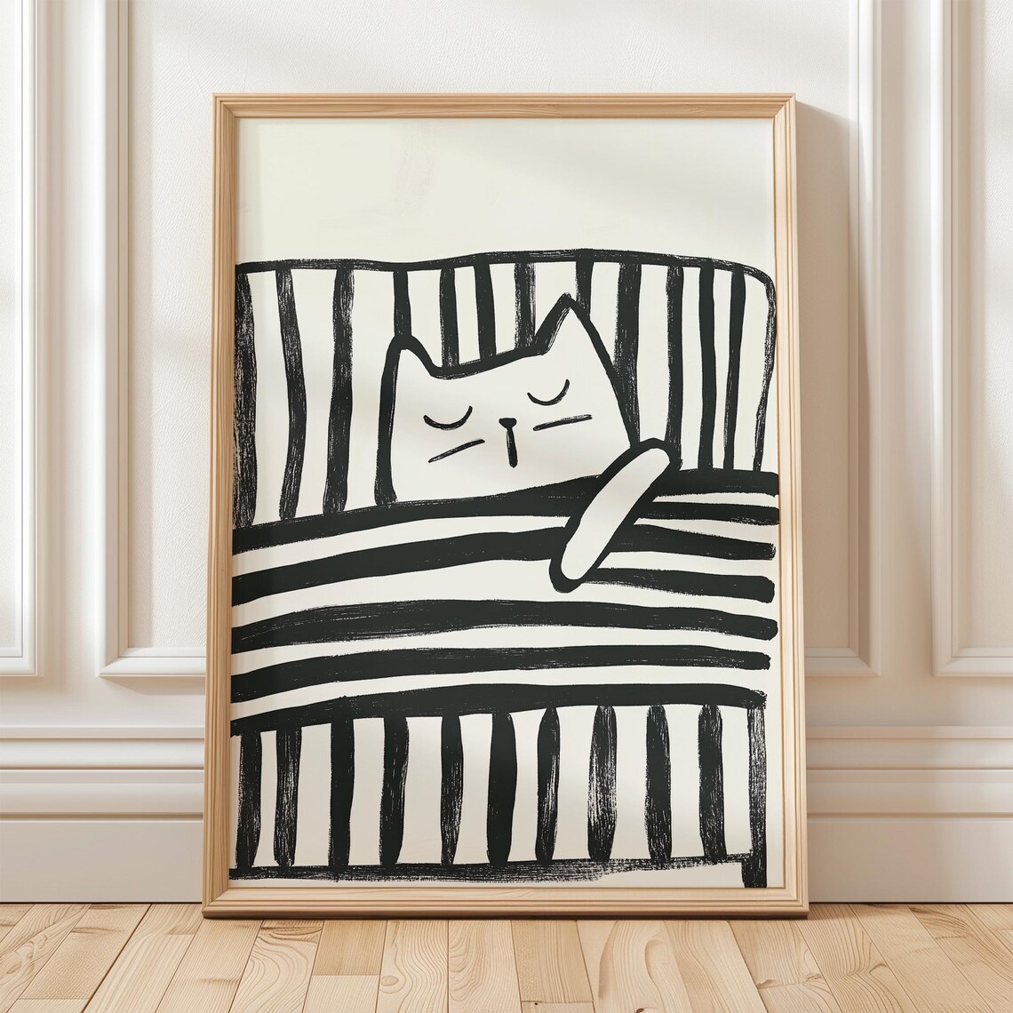 Peaceful Sleeping White Cat Curled on Striped Bed Monochrome Poster