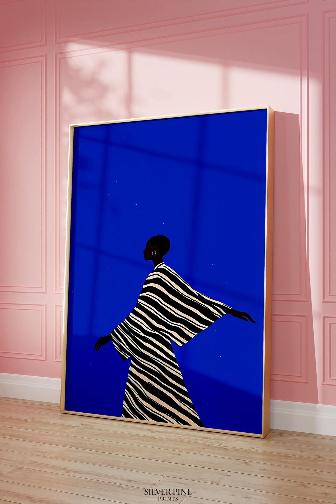 Silhouette Woman in Striped Kaftan on Cobalt Blue Starry Night Poster - Image 4