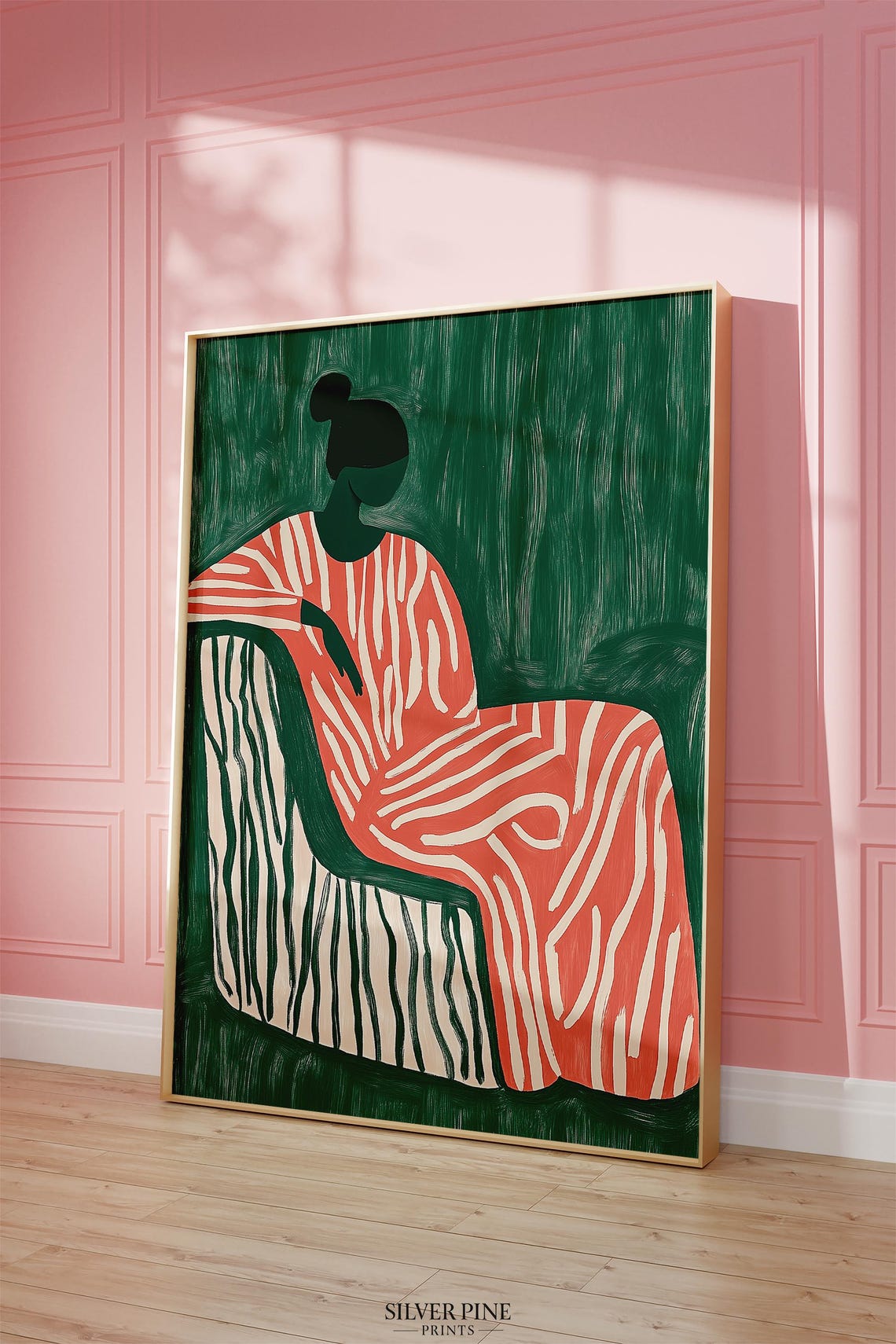 Abstract Woman Sitting Art Print Modern Wall Art Bold Striped Design Green And Red Minimalist Decor Contemporary - Image 5