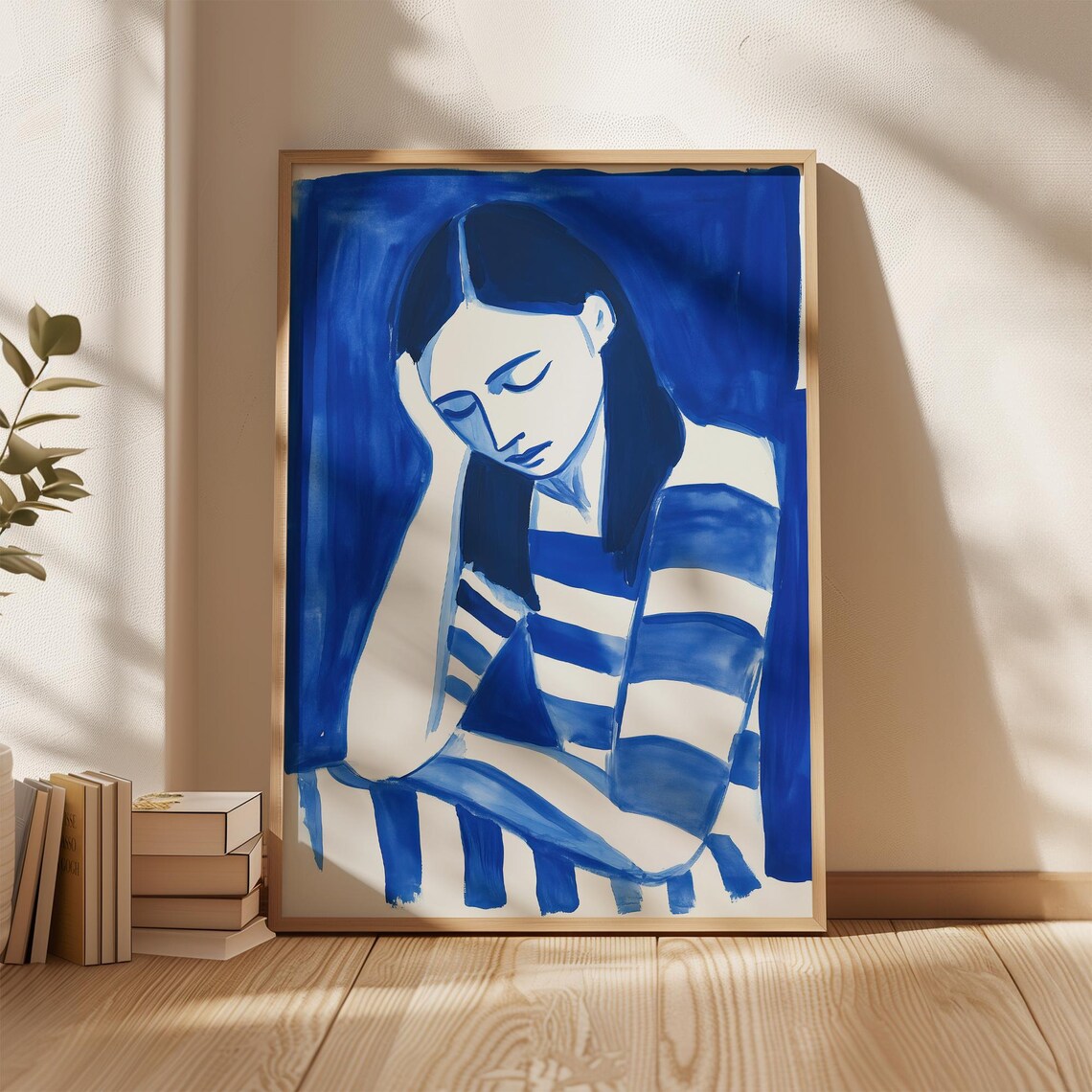 Woman In Blue Stripes Resting Head On Hand Minimalist Art Poster - Image 5