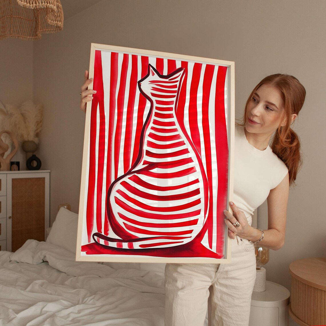 Red Striped Cat, Minimalist Abstract Pet Poster - Image 5