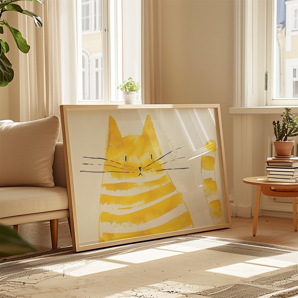 Playful Yellow Striped Cat Face Front View Minimalist Wall Art - Image 4