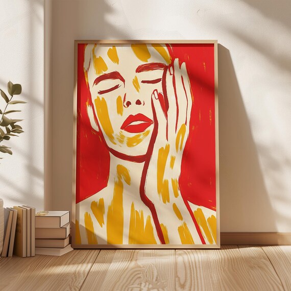 Red Lips Yellow Brushstrokes Abstract Figurative Portrait Print
