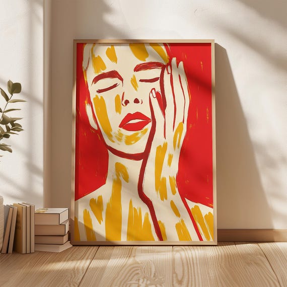 Wall Art Print Abstract Male Portrait With Red Lips And Yellow Brushstrokes On Background Modern Minimalist Figurative Artwork