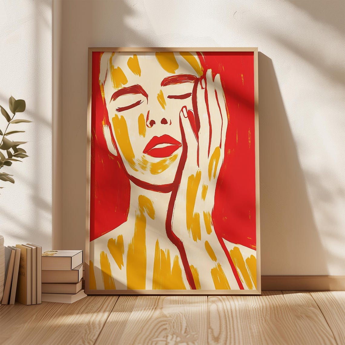 Wall Art Print Abstract Male Portrait With Red Lips And Yellow Brushstrokes On Background Modern Minimalist Figurative Artwork
