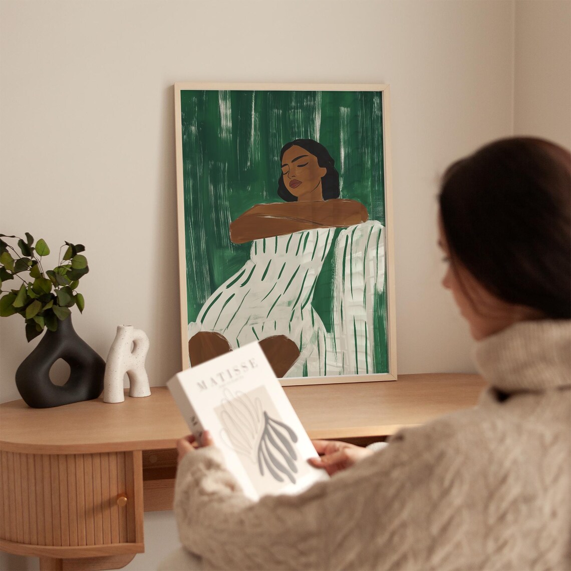 Resting Woman Portrait in Green Stripes Boho Minimalist Art Print - Image 2